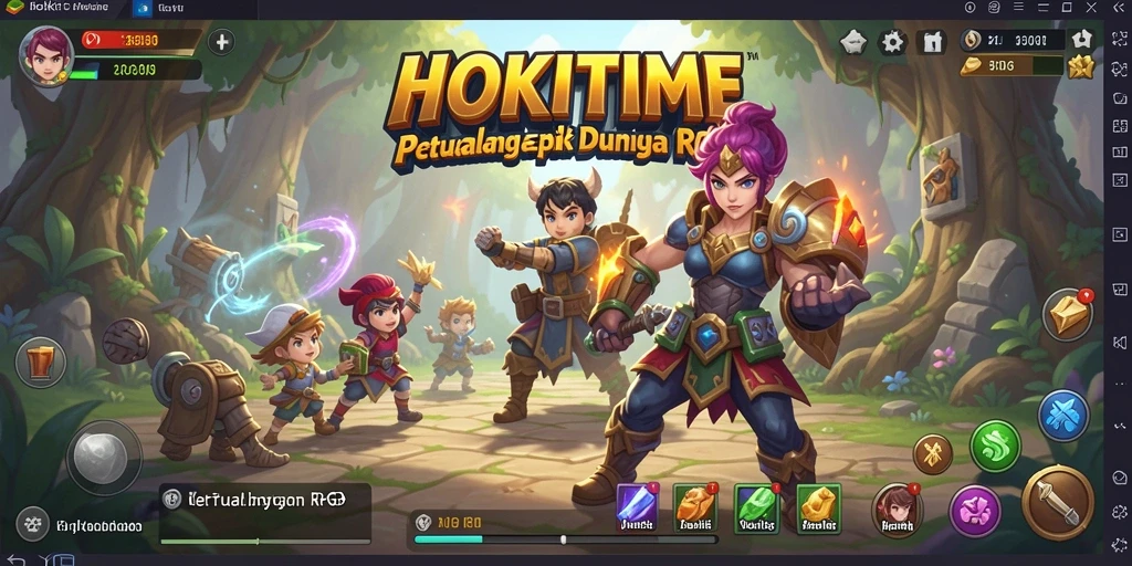 Antarmuka HOKITIME menampilkan karakter dan lingkungan RPG yang menarik.